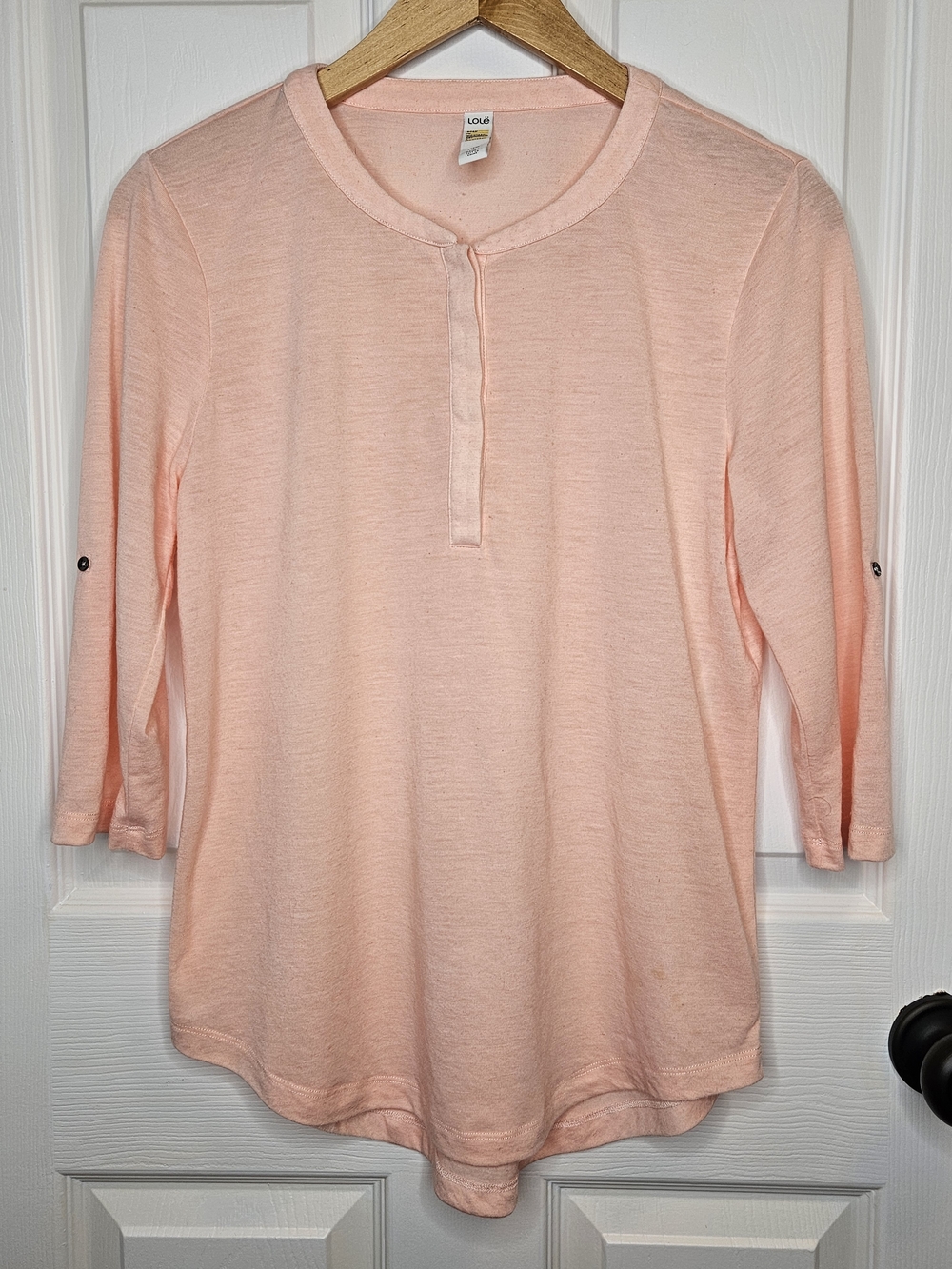 Lole Peach Henley 3/4 Sleeve Top Linen Blend Henley Adjustable Sleeves Size M